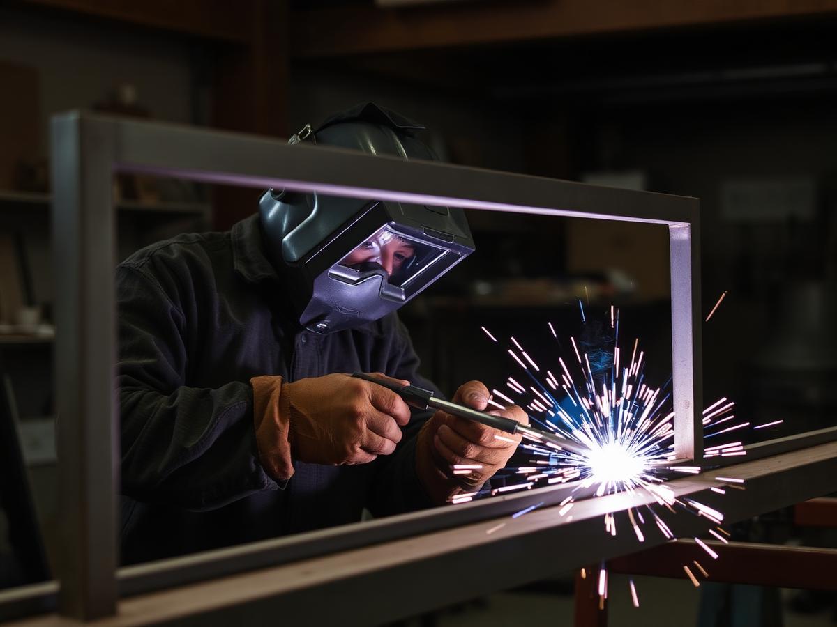 Welder fabricating a steel railing frame in the Cavitetrail workshop